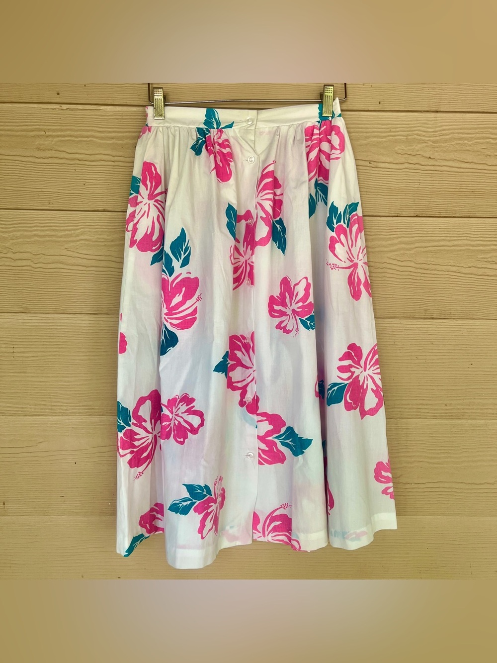 Vtg White Floral Midi Skirt Pink & Teal Hibiscus Flowers High Noon Hawaii SMALL